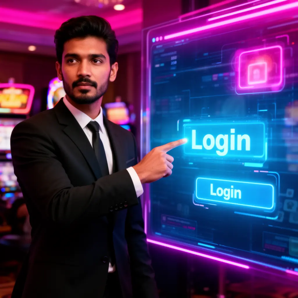 90BD Login – Quick and smooth sign in experience for Bangladeshi players Confident Bangladeshi casino host pointing at a glowing login sign inside a modern 90BD platform interface